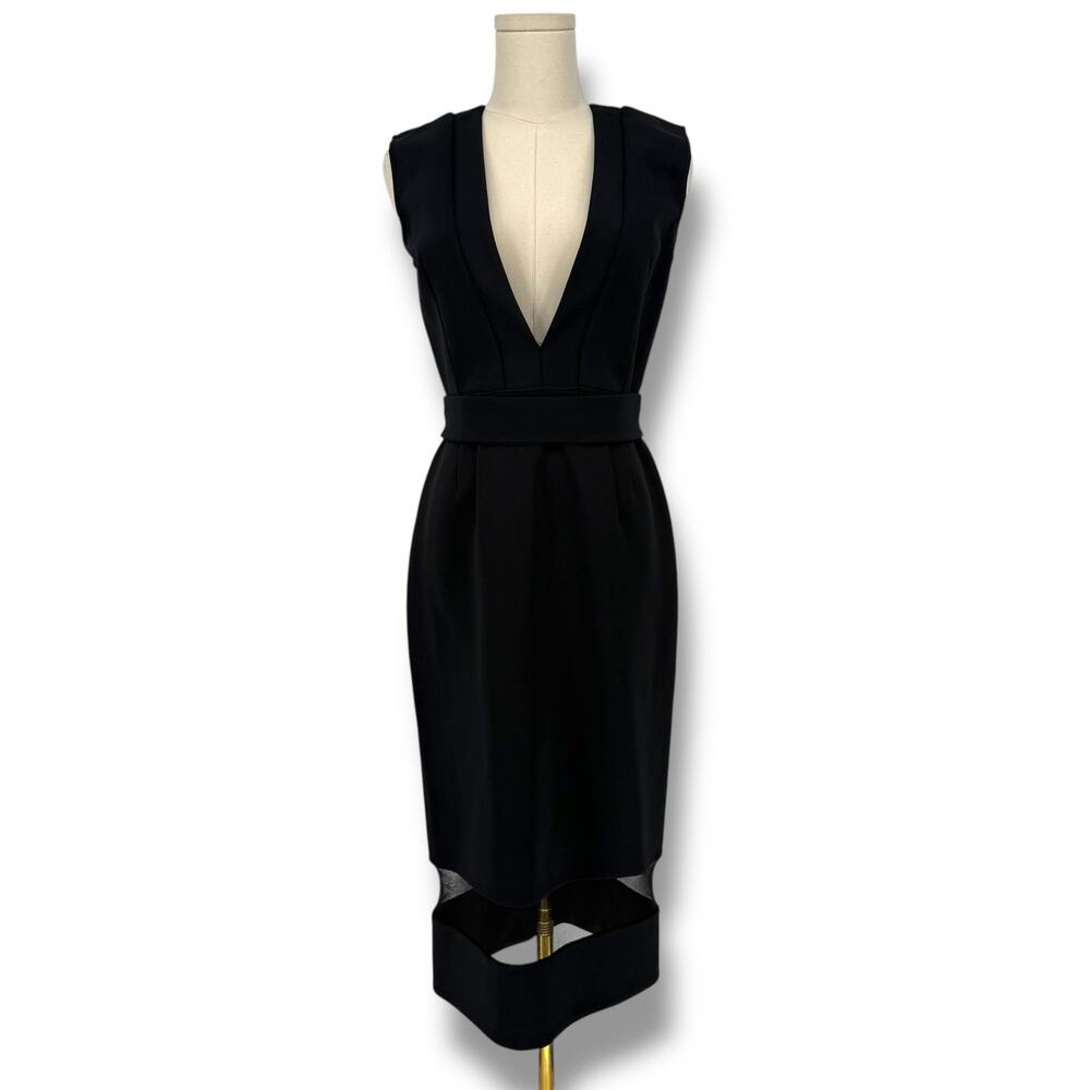 NICHOLAS Black V-Neck Mesh Panel Midi Sheath Dress Stretch Jersey, Size 6